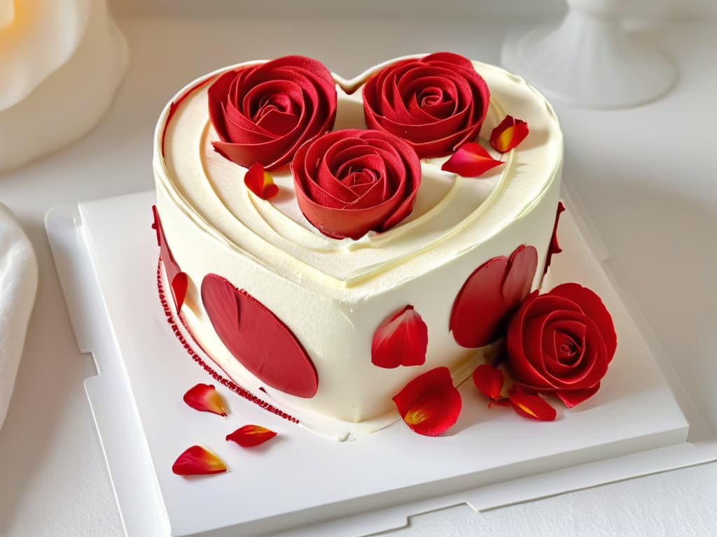  A minimalist, highresolution image of a beautifully crafted heartshaped red velvet cake topped with delicate edible rose petals, set against a clean white background. The cake is elegantly decorated with intricate swirls of cream cheese frosting, creating a visually striking and romantic dessert that perfectly captures the essence of romantic comedies. hyperrealistic, full body, detailed clothing, highly detailed, cinematic lighting, stunningly beautiful, intricate, sharp focus, f/1. 8, 85mm, (centered image composition), (professionally color graded), ((bright soft diffused light)), volumetric fog, trending on instagram, trending on tumblr, HDR 4K, 8K