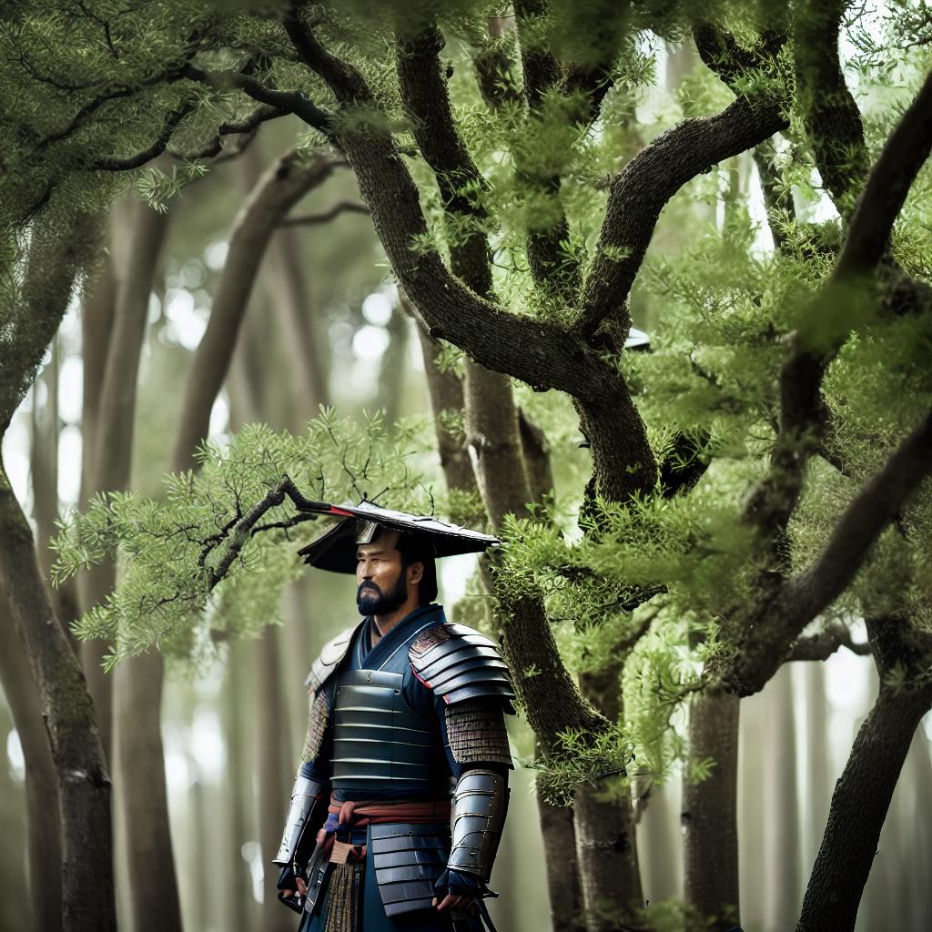 A masterpiece of an ultra-detailed, high-quality 8k painting depicting a bamboo grove in a storm, inspired by Japanese art. The main subject of the scene is a lone samurai ((in traditional armor)) standing amidst the swaying bamboo. The samurai's stoic expression, highlighted by the dramatic lighting, reflects his resilience in the face of adversity. The bamboo leaves, whipped by the strong winds, create a dynamic composition with their intricate textures and vibrant shades of green. Raindrops ((glistening on the samurai's armor)) add a sense of movement and atmosphere to the scene. The artist's signature is elegantly placed in the bottom right corner. For more information and to view the artist's portfolio, visit their website: www.example hyperrealistic, full body, detailed clothing, highly detailed, cinematic lighting, stunningly beautiful, intricate, sharp focus, f/1. 8, 85mm, (centered image composition), (professionally color graded), ((bright soft diffused light)), volumetric fog, trending on instagram, trending on tumblr, HDR 4K, 8K