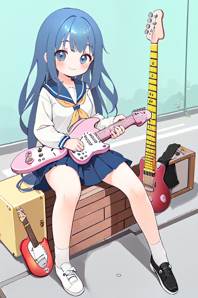  High school girl, mini character, cute, electric guitar, long hair, hanging, sitting on the ground, sailor suit, smile, electric guitar