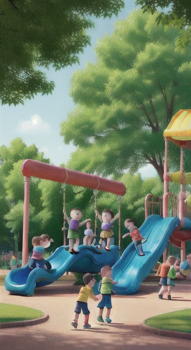  {Children playing in a sunny park with swings and slides., Same group of happy children, now wearing casual play clothes.