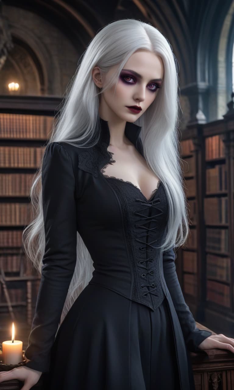  Girl, witch, white hair, long hair, straight hair, black hair tips, magic, body in cracks, face in cracks, black beak, black eyes, human, pale skin, gray eyes, vampire, hair transition from white to black, purple tentacles, gothic castle, ball, white lining under eyes, red eyes, library. hyperrealistic, full body, detailed clothing, highly detailed, cinematic lighting, stunningly beautiful, intricate, sharp focus, f/1. 8, 85mm, (centered image composition), (professionally color graded), ((bright soft diffused light)), volumetric fog, trending on instagram, trending on tumblr, HDR 4K, 8K