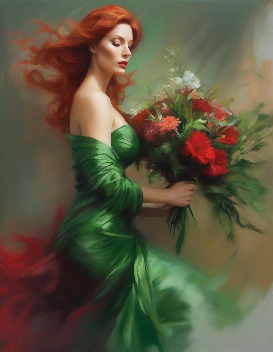  impressionist painting Painting of a woman in a green dress with a bouquet in her hands., stanley artgerm lau, steven artgerm lau, magali villeneuve', graphic artist magali villeneuve, artgerm lau, inspired by Magali Villeneuve, charlie bowater rich deep colors, Stanley Artgerm, red haired goddess, Стиль Stanley Artgermа . loose brushwork, vibrant color, light and shadow play, captures feeling over form hyperrealistic, full body, detailed clothing, highly detailed, cinematic lighting, stunningly beautiful, intricate, sharp focus, f/1. 8, 85mm, (centered image composition), (professionally color graded), ((bright soft diffused light)), volumetric fog, trending on instagram, trending on tumblr, HDR 4K, 8K