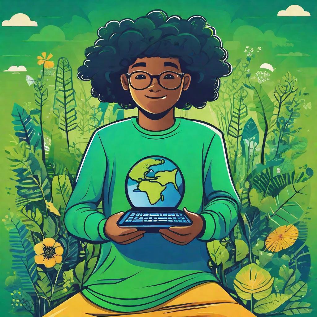  masterpiece, best quality,Background design: fresh green and blue gradient, representing harmony between nature and society. Core image design: a young man organizes an online environmental campaign through the network of Wopi. He uses smart devices to showcase his environmental projects and the screen displays the slogan "cheer for the earth".