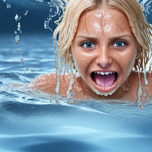  tanned blonde woman's face drowning in water she's panic and screaming