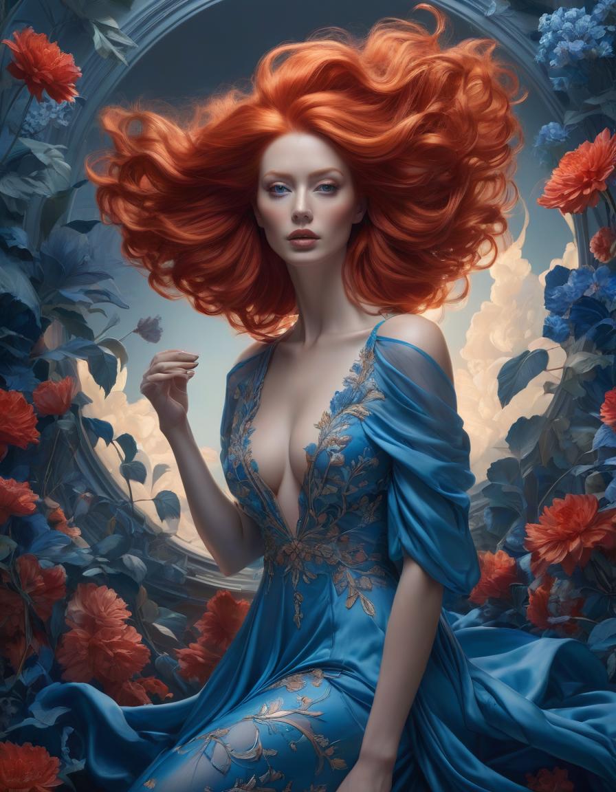  A vibrant digital artwork featuring a woman with soft red hair in a stunning blue dress, taking inspiration from famous artists such as James Jean. James Jean's mesmerizing soft light aesthetic creates a vibrant and exciting style, incorporating influences from talented artists such as Andrey Ryabovichev. hyperrealistic, full body, detailed clothing, highly detailed, cinematic lighting, stunningly beautiful, intricate, sharp focus, f/1. 8, 85mm, (centered image composition), (professionally color graded), ((bright soft diffused light)), volumetric fog, trending on instagram, trending on tumblr, HDR 4K, 8K