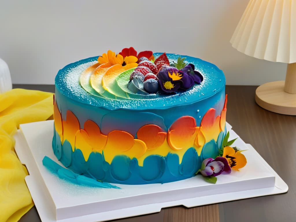  An ultradetailed image of a vibrant rainbow layer cake sliced neatly to reveal its colorful interior, with each layer showcasing a different shade of the rainbow spectrum from deep violet to bright red, orange, yellow, green, blue, and purple. The cake sits on a sleek, modern marble countertop with a few scattered pastelhued edible flowers and a dusting of powdered sugar for a touch of elegance. The lighting is soft and natural, highlighting the intricate details of the cake's layers and the smooth, glossy frosting on the top and sides. hyperrealistic, full body, detailed clothing, highly detailed, cinematic lighting, stunningly beautiful, intricate, sharp focus, f/1. 8, 85mm, (centered image composition), (professionally color graded), ((bright soft diffused light)), volumetric fog, trending on instagram, trending on tumblr, HDR 4K, 8K