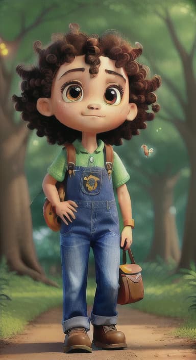  {The tree with a twinkling eye, while its leaves gently rustle., Riley, a curious with big brown eyes and curly hair, wearing overalls and carrying a small backpack. Their friend, Skye, a bluebird with shiny feathers.