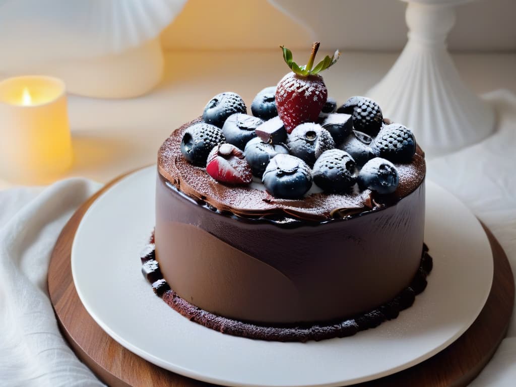  A highresolution, minimalist image of a beautifully set table featuring a sophisticated wine glass next to an elegant dessert plate with a decadent chocolate cake topped with fresh berries. The table is adorned with subtle, tasteful decorations, creating a luxurious yet understated ambiance perfect for wine and dessert pairing discussions. hyperrealistic, full body, detailed clothing, highly detailed, cinematic lighting, stunningly beautiful, intricate, sharp focus, f/1. 8, 85mm, (centered image composition), (professionally color graded), ((bright soft diffused light)), volumetric fog, trending on instagram, trending on tumblr, HDR 4K, 8K