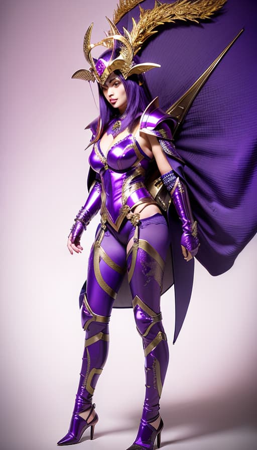  The purple underworld warrior armor in the Japanese anime "Saint Seiya" has a purple metallic luster, covering the helmet with only a beautiful face. The golden hair slopes down like a waterfall from behind the helmet, and there are a pair of huge purple metal antelope horns and exquisite carvings on the left and right sides of the helmet. The huge shoulder armor extends outward, with a multi level structure and exquisite pattern structures on the edges. The purple metal trunk armor structure is very special, with exquisite pattern design. The arms and palms are covered with purple metal armor and gorgeous decorative carvings. The thighs and toes are covered with purple metal armor, and the heel position has an exaggerated design of high he