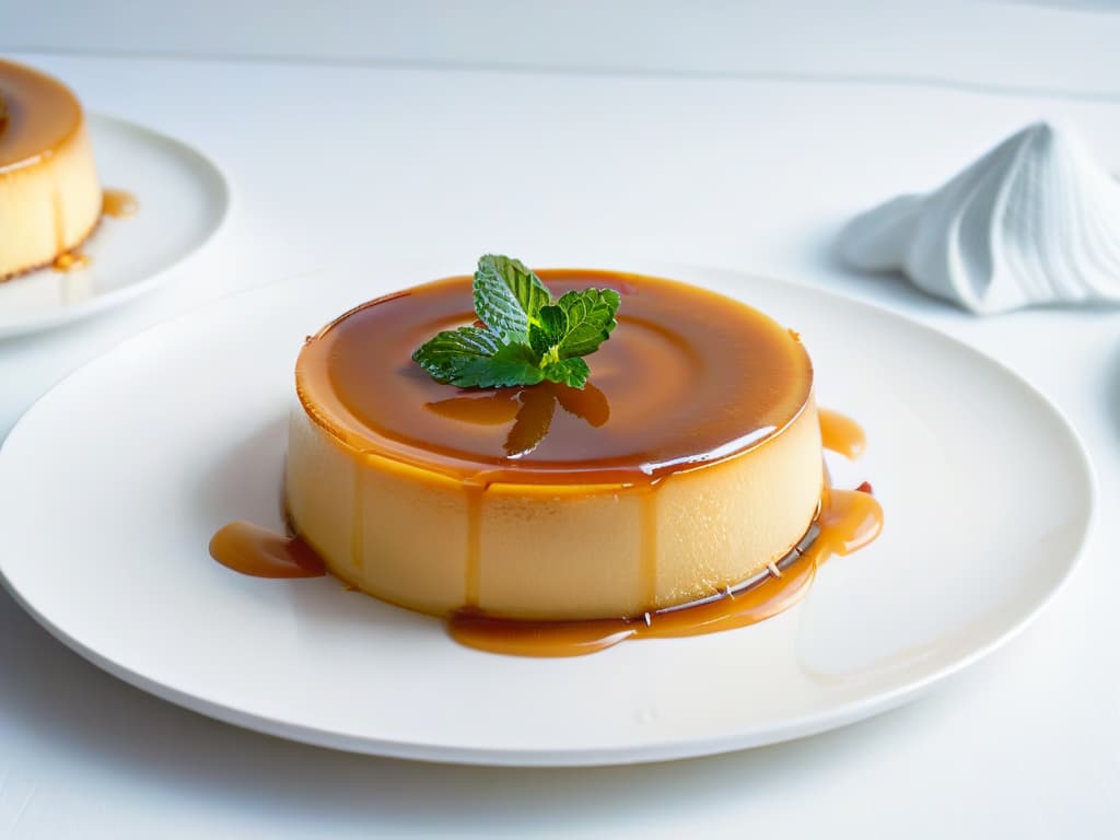  An ultrahighresolution closeup image of a perfectly caramelized flan with a glossy, smooth texture, adorned with a delicate mint leaf on top, set on a pristine white plate. The caramel drizzle cascades elegantly down the sides of the flan, showcasing its velvety consistency and invitingly rich appearance. The subtle play of light highlights the intricate details of the dessert, creating a visually captivating and mouthwatering focal point. hyperrealistic, full body, detailed clothing, highly detailed, cinematic lighting, stunningly beautiful, intricate, sharp focus, f/1. 8, 85mm, (centered image composition), (professionally color graded), ((bright soft diffused light)), volumetric fog, trending on instagram, trending on tumblr, HDR 4K, 8K