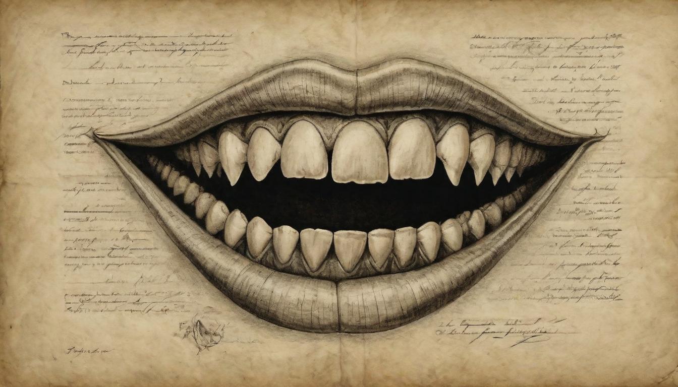  on parchment, surrealism++, Close up of a mouth with sharp, irregular teeth, teeth shifting and morphing, disturbing, surreal(mysterious, provocative, symbolic)++