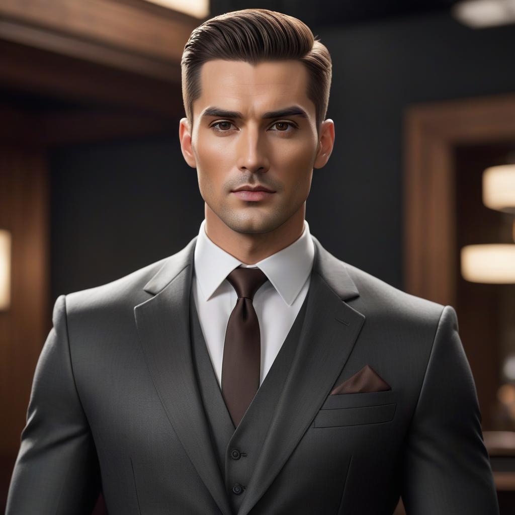  Man: A rectangle shaped face. Round almond shaped, black eyes. Slightly lifted straight nose. Slightly plump straight lips, thick neat eyebrows. Short haircut, color of wood stain: Put on a black suit on him. hyperrealistic, full body, detailed clothing, highly detailed, cinematic lighting, stunningly beautiful, intricate, sharp focus, f/1. 8, 85mm, (centered image composition), (professionally color graded), ((bright soft diffused light)), volumetric fog, trending on instagram, trending on tumblr, HDR 4K, 8K