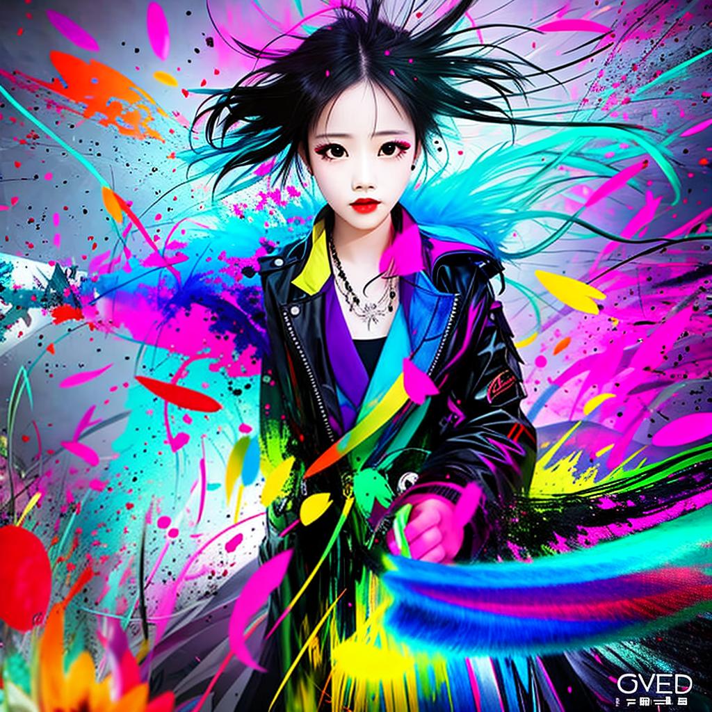  with vibrant abstract elements, A beautiful girl with black eyes.