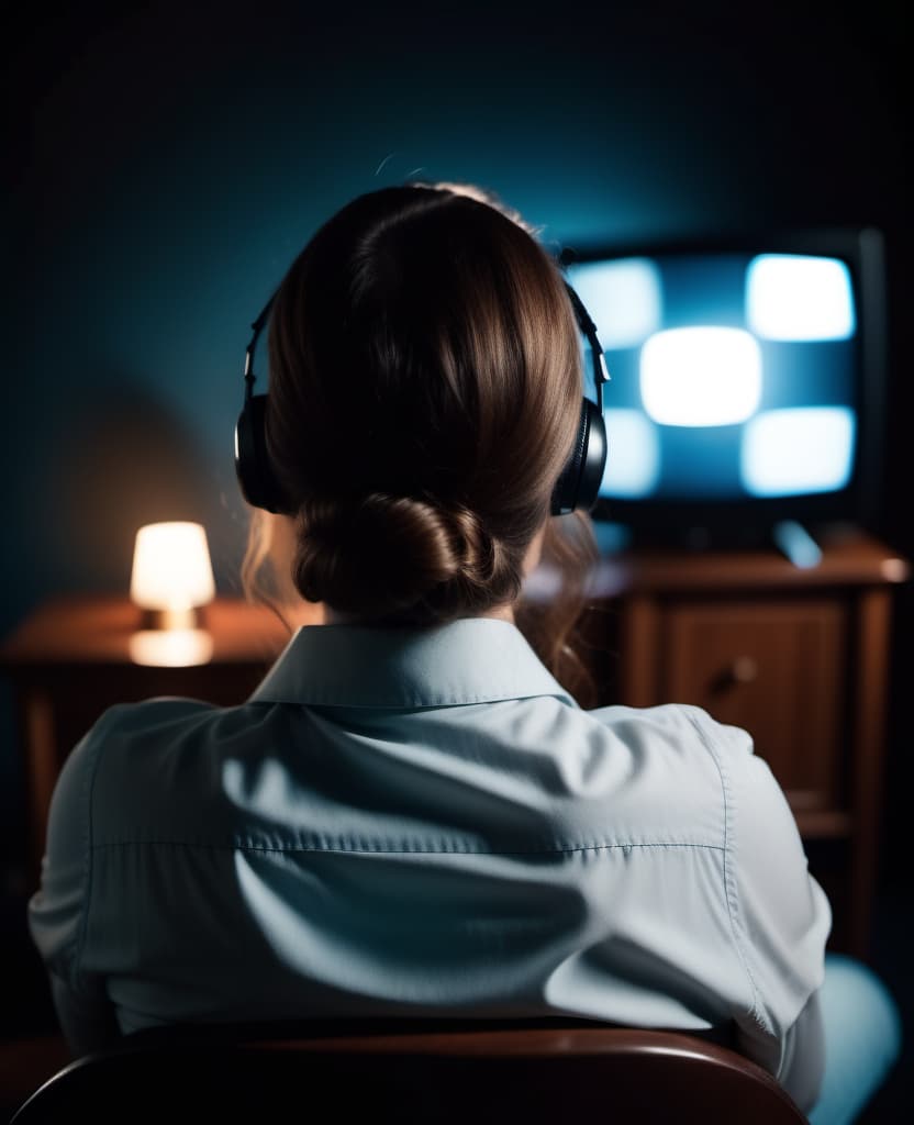  cinematic film still A maniac in a dark room on a chair watching TV on which interference. View from the back of the head. For a horror movie. . shallow depth of field, vignette, highly detailed, high budget, bokeh, cinemascope, moody, epic, gorgeous, film grain, grainy