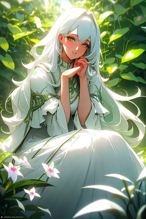  (masterpiece, best quality),1girl with long white hair sitting in a field of green plants and flowers, her hand under her chin, warm lighting, white dress, blurry foreground hyperrealistic, full body, detailed clothing, highly detailed, cinematic lighting, stunningly beautiful, intricate, sharp focus, f/1. 8, 85mm, (centered image composition), (professionally color graded), ((bright soft diffused light)), volumetric fog, trending on instagram, trending on tumblr, HDR 4K, 8K