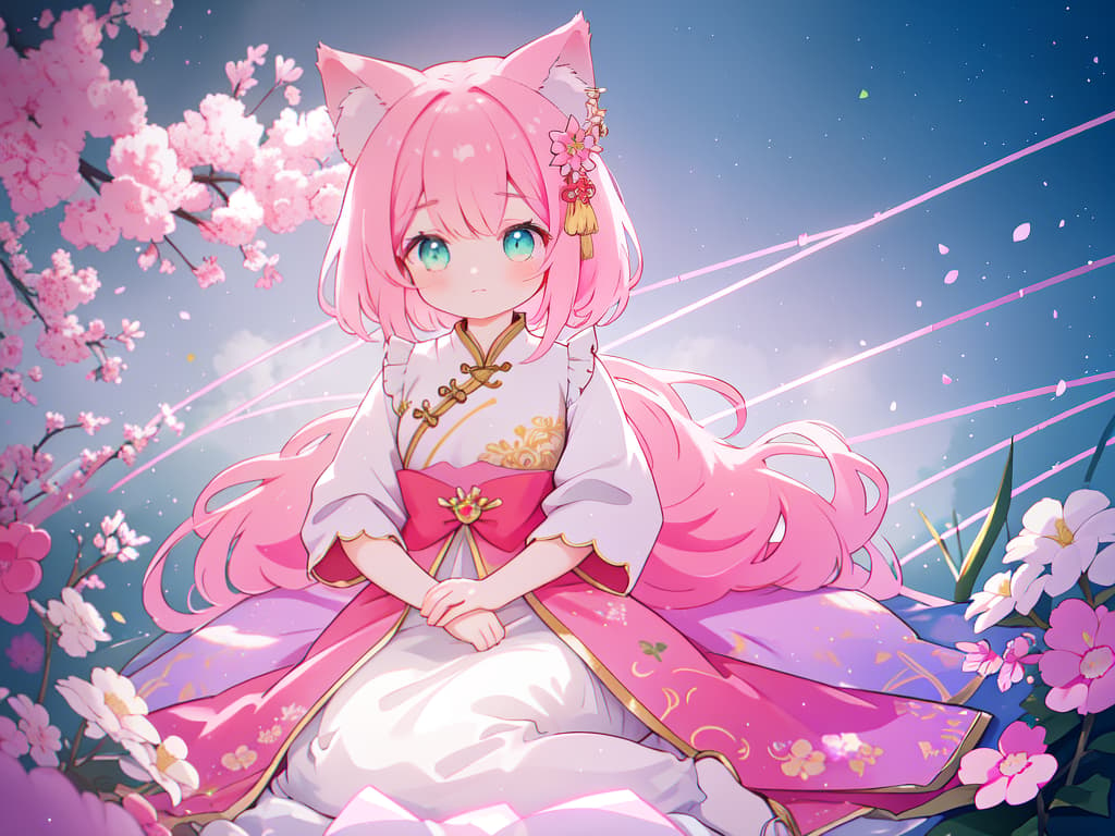  Pink hair, cat ears, China clothes, one, cute, bob hair, adult, masterpiece, best quality,8k,ultra detailed,high resolution,an extremely delicate and beautiful,hyper detail hyperrealistic, full body, detailed clothing, highly detailed, cinematic lighting, stunningly beautiful, intricate, sharp focus, f/1. 8, 85mm, (centered image composition), (professionally color graded), ((bright soft diffused light)), volumetric fog, trending on instagram, trending on tumblr, HDR 4K, 8K