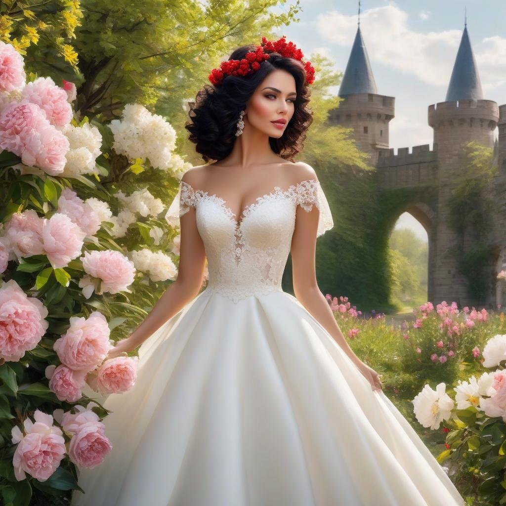  A masterpiece. Very beautiful girl with black curls gathered upwards. Beautiful hairstyle. White wedding fitted dress with lace. Elegance. Very beautiful dress. Brown eyes. Happy look. No pomp, just elegance. (Sparkling rim)): spring field, hyacinths, roses, rosehips, rose hips, peonies, cherry tree, yellow, red. Castle. Realism, rococo, surrealist abstraction. Alfonso Mucha, Honoré Fargonard. The Emerald Palace, the towers. Holobue sky. Golden spires, Gothic style. Fantasy, fairy tale. Poppy field in front of palace. Honoré Fargonard, Alfonso Mucha. Emerald stones, Green Alley. hyperrealistic, full body, detailed clothing, highly detailed, cinematic lighting, stunningly beautiful, intricate, sharp focus, f/1. 8, 85mm, (centered image composition), (professionally color graded), ((bright soft diffused light)), volumetric fog, trending on instagram, trending on tumblr, HDR 4K, 8K