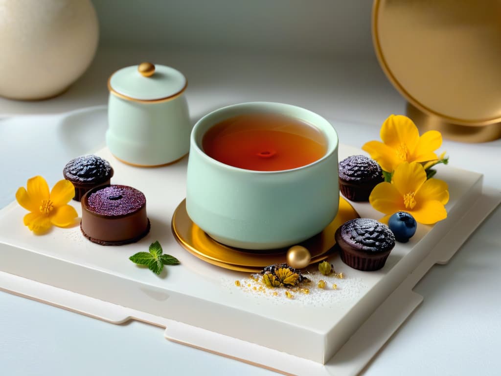  An ultradetailed closeup image of a delicate porcelain teacup filled with steaming aromatic tea, surrounded by a selection of vibrant and intricately crafted miniature pastries on a sleek, modern platter. The pastries range from flaky fruit tarts to rich chocolate truffles, each adorned with edible flowers and gold leaf accents, all set against a backdrop of soft focus greenery. The play of light and shadows highlights the textures and colors of the desserts, inviting the viewer to savor the visual feast before diving into the world of tea and pastry pairing. hyperrealistic, full body, detailed clothing, highly detailed, cinematic lighting, stunningly beautiful, intricate, sharp focus, f/1. 8, 85mm, (centered image composition), (professionally color graded), ((bright soft diffused light)), volumetric fog, trending on instagram, trending on tumblr, HDR 4K, 8K