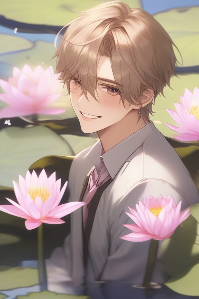  Masterpiece,(((a male))),delicate light brown hair color,short hair,archaic smile,delicate face,(((larynx))),((背景はpink Water lilies flowers))),high quality,8K