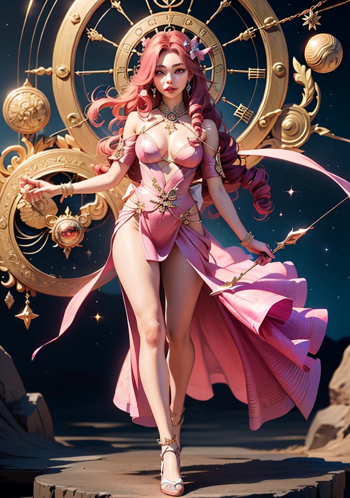  ((Thai woman with long pink curly hair Wearing a crystal warrior outfit, holding a bow, with a beautiful Thai pattern, the sky, diamonds, and the zodiac wheel sparkling in the background, full body.)),(), beautiful, high quality,masterpiece,extremely detailed,high res,4k,ultra high res,detailed shadow,ultra realistic,dramatic lighting,bright light