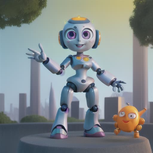  A cheerful robot with large, expressive eyes, waving hello amidst a futuristic city park, with Pixar's signature glossy finish and soft, ambient lighting , 8k