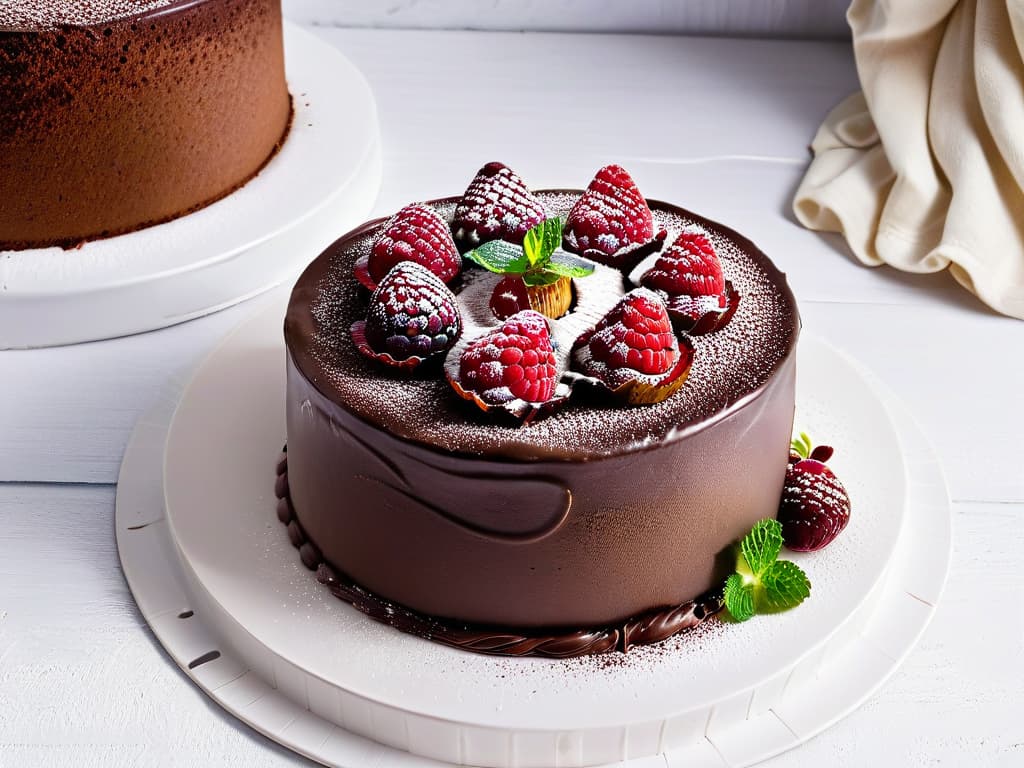  A closeup, highresolution image of a delicate chocolate cake decorated with intricate swirls of Fair Tradecertified cocoa powder, surrounded by fresh raspberries and mint leaves, on a sleek, white ceramic plate. The cake's glossy surface reflects soft, natural light, highlighting the intricate details of the dessert and creating a visually striking and minimalist composition that conveys sophistication and elegance. hyperrealistic, full body, detailed clothing, highly detailed, cinematic lighting, stunningly beautiful, intricate, sharp focus, f/1. 8, 85mm, (centered image composition), (professionally color graded), ((bright soft diffused light)), volumetric fog, trending on instagram, trending on tumblr, HDR 4K, 8K