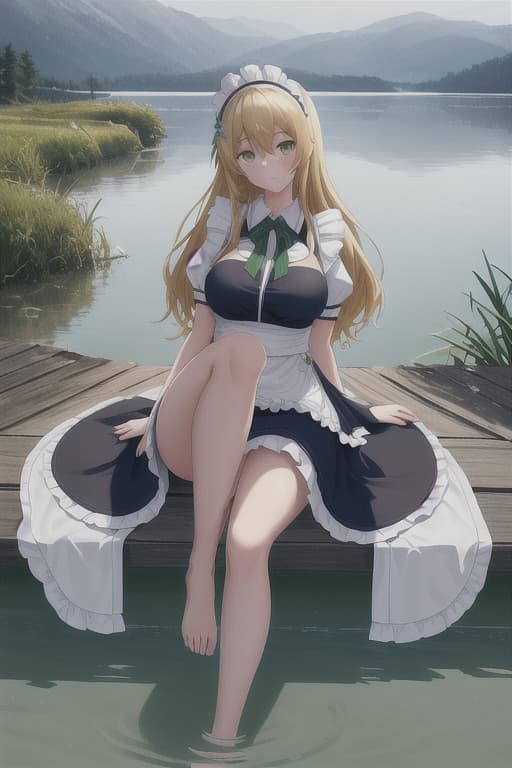  (score 9,score 8 up,score 7 up,),1girl,solo,maid,maid headdress,looking at viewer,outdoor,lake,apron,blonde hair,indoors,green eyes,bare foot,two feet in the water hyperrealistic, full body, detailed clothing, highly detailed, cinematic lighting, stunningly beautiful, intricate, sharp focus, f/1. 8, 85mm, (centered image composition), (professionally color graded), ((bright soft diffused light)), volumetric fog, trending on instagram, trending on tumblr, HDR 4K, 8K