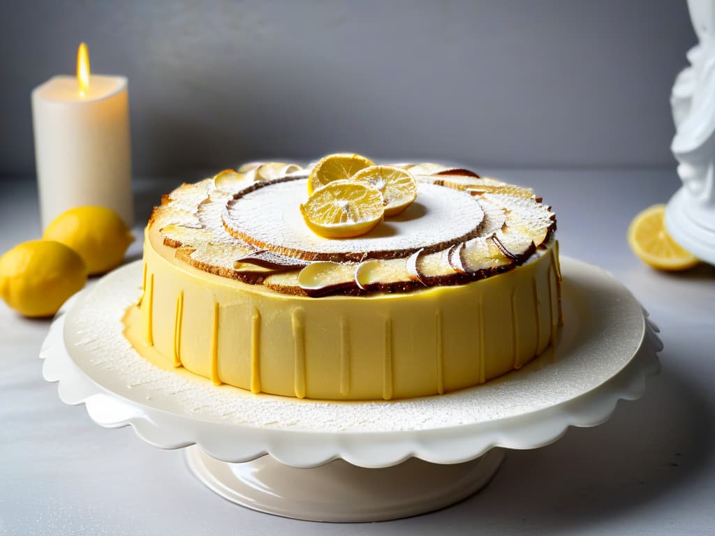  A closeup, ultradetailed image of a perfectly golden and moist glutenfree almond flour lemon cake topped with sliced almonds and a dusting of powdered sugar, presented on a sleek, modern white ceramic cake stand against a soft, blurred background. hyperrealistic, full body, detailed clothing, highly detailed, cinematic lighting, stunningly beautiful, intricate, sharp focus, f/1. 8, 85mm, (centered image composition), (professionally color graded), ((bright soft diffused light)), volumetric fog, trending on instagram, trending on tumblr, HDR 4K, 8K