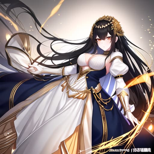  a girl manhua character with black hair and orange eyes with white skin wearing royal blue and gold noble dress hyperrealistic, full body, detailed clothing, highly detailed, cinematic lighting, stunningly beautiful, intricate, sharp focus, f/1. 8, 85mm, (centered image composition), (professionally color graded), ((bright soft diffused light)), volumetric fog, trending on instagram, trending on tumblr, HDR 4K, 8K