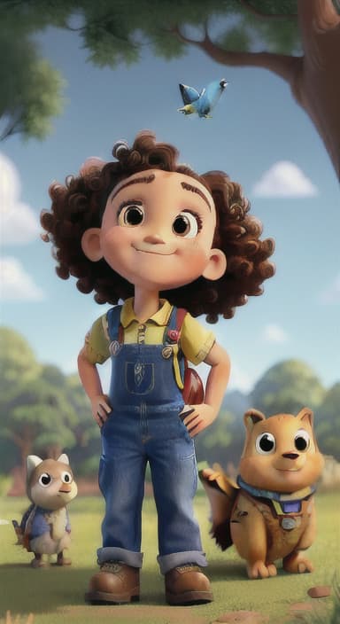  {Riley looking up at the tree with a big smile, animals surrounding them., Riley, a curious with big brown eyes and curly hair, wearing overalls and carrying a small backpack. Their friend, Skye, a bluebird with shiny feathers.