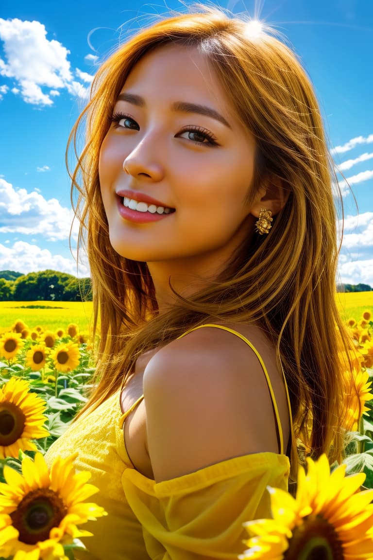  (masterpiece:1.3), (8k, photorealistic, RAW photo, best quality: 1.4), (realistic face), realistic eyes, (realistic skin), beautiful skin, (perfect body:1.3), (detailed body:1.2), ((((masterpiece)))), best quality, very high resolution, ultra detailed, in frame, blue sky, sunflowers, sunny day, nature, landscape, beautiful, bright, summer, horizon, outdoor, petals, yellow, blooming, vibrant, field, countryside, clear, fresh, warm, rural, ultra high res, ultra realistic, highly detailed, soft lightning, golden ratio