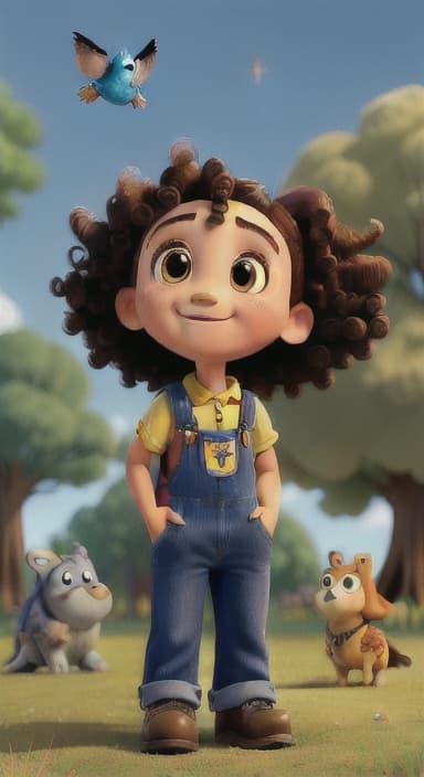  {Riley looking up at the tree with a big smile, animals surrounding them., Riley, a curious with big brown eyes and curly hair, wearing overalls and carrying a small backpack. Their friend, Skye, a bluebird with shiny feathers.