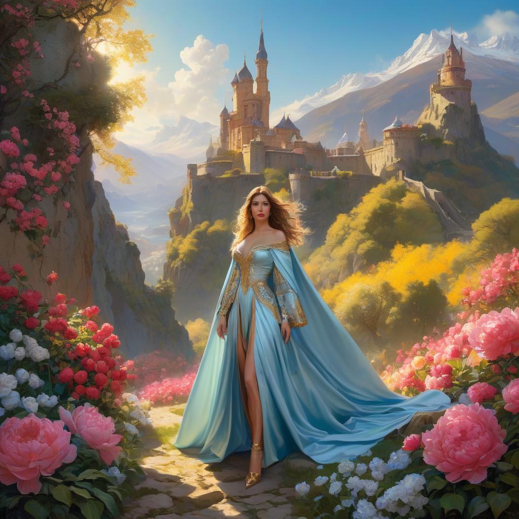  A defended fortress, a palisade, a gloomy castle, iron, black stone. Standing against a background of mountains. Easter eggs. Blue. ((Sparkling rim)): spring field, hyacinths, roses, rosehips, rose hips, peonies, cherry tree, yellow, red. Surrealist abstractionism. Honoré Fargonard, Alfonso Mucha. A masterpiece. A very beautiful girl. High elaboration, high detail. Golden brown hair. Girl on heels. Brown eyes. Golden hooded cloak. Behind nature, city. Bright colors. Sunlight. Surrealist abstractionism. Alfonso Mucha, Honoré Fargonard. hyperrealistic, full body, detailed clothing, highly detailed, cinematic lighting, stunningly beautiful, intricate, sharp focus, f/1. 8, 85mm, (centered image composition), (professionally color graded), ((bright soft diffused light)), volumetric fog, trending on instagram, trending on tumblr, HDR 4K, 8K