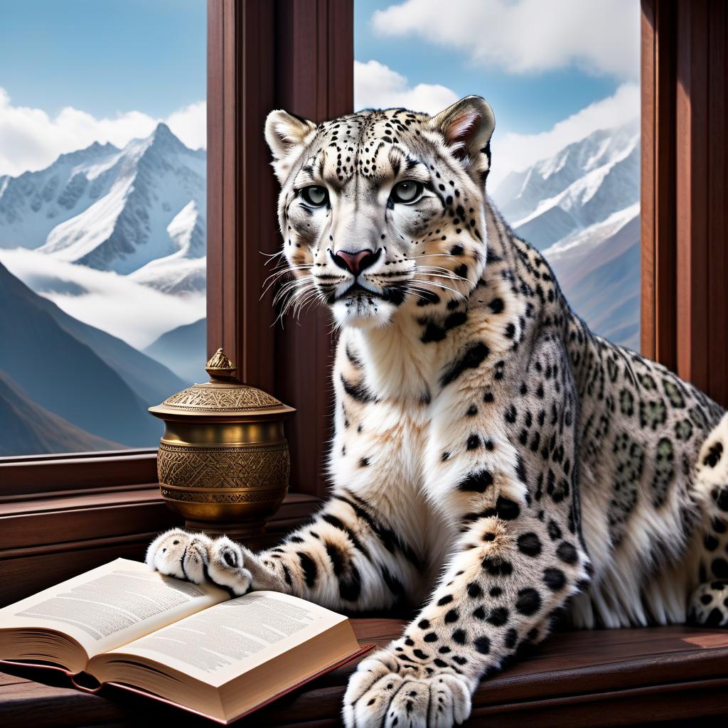  hyperrealistic art "Irbis, the snow leopard, reads a book by the window of the mountain." . extremely high resolution details, photographic, realism pushed to extreme, fine texture, incredibly lifelike hyperrealistic, full body, detailed clothing, highly detailed, cinematic lighting, stunningly beautiful, intricate, sharp focus, f/1. 8, 85mm, (centered image composition), (professionally color graded), ((bright soft diffused light)), volumetric fog, trending on instagram, trending on tumblr, HDR 4K, 8K