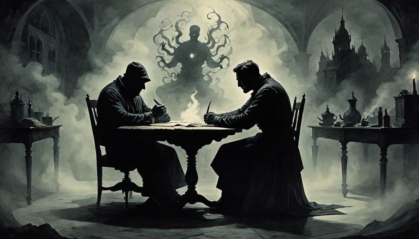  on parchment, surrealism+++, A silhouetted figure seated at a table, head cradled in hands, above, ominous shadows morph into swirling, dark mists, surrounding the workspace. Unseen forces at play, office ambiance, oppressive atmosphere.(mysterious, provocative, symbolic,muted color)+++