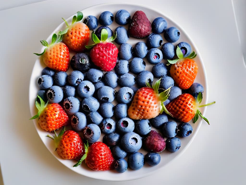  A closeup, ultradetailed image of vibrant mixed berries (strawberries, blueberries, raspberries) arranged neatly on a sleek, white porcelain plate. The berries are glistening with droplets of water, showcasing their freshness and antioxidantrich qualities. The colors are vivid and enticing, highlighting the natural beauty and health benefits of incorporating antioxidants into desserts. hyperrealistic, full body, detailed clothing, highly detailed, cinematic lighting, stunningly beautiful, intricate, sharp focus, f/1. 8, 85mm, (centered image composition), (professionally color graded), ((bright soft diffused light)), volumetric fog, trending on instagram, trending on tumblr, HDR 4K, 8K