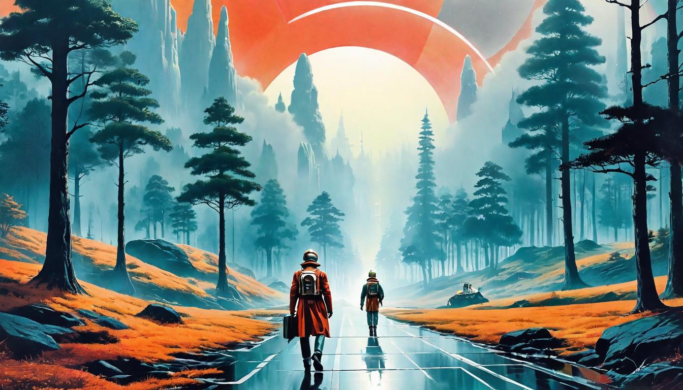  retro futuristic Traveler at crossroads, choosing the less trodden path; misty forest scene; metaphor for exploration and promise; atmospheric perspective with soft focus and gentle lighting lvintage sci fi, 50s and 60s style, atomic age, vibrant, highly detailed