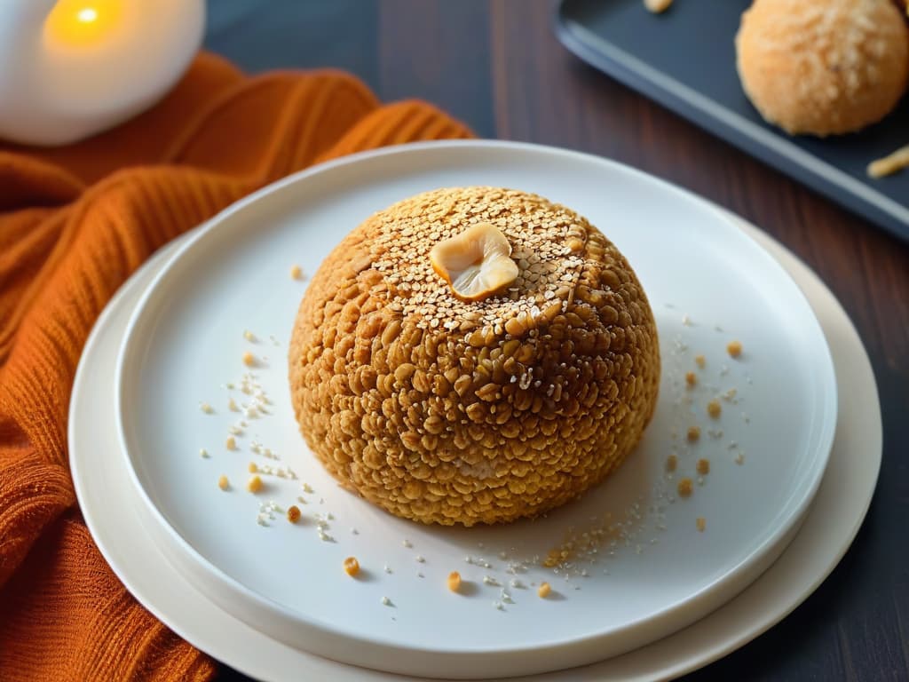  An ultradetailed image of a perfectly golden sesame ball, freshly fried and coated in sesame seeds, sitting on a sleek, modern plate. The sesame seeds are glistening under a soft, natural light, highlighting the intricate texture of the crispy exterior. The background is a simple, elegant blur, emphasizing the minimalistic and professional aesthetic of the image. hyperrealistic, full body, detailed clothing, highly detailed, cinematic lighting, stunningly beautiful, intricate, sharp focus, f/1. 8, 85mm, (centered image composition), (professionally color graded), ((bright soft diffused light)), volumetric fog, trending on instagram, trending on tumblr, HDR 4K, 8K