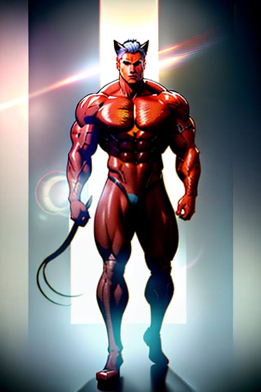  A man, muscular physique, semi naked, bare torso, cat ears and tail, in full size, Character, Full body, Concept design, Sheet, Ultra wide view, Ultra detailed hyperrealistic, full body, detailed clothing, highly detailed, cinematic lighting, stunningly beautiful, intricate, sharp focus, f/1. 8, 85mm, (centered image composition), (professionally color graded), ((bright soft diffused light)), volumetric fog, trending on instagram, trending on tumblr, HDR 4K, 8K