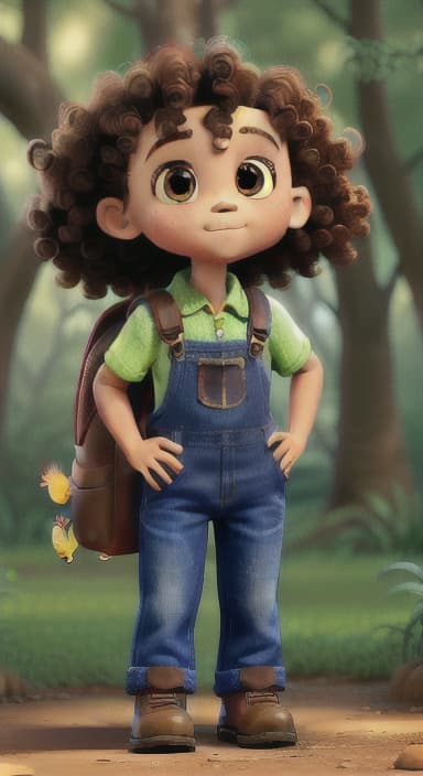  {The tree with a twinkling eye, while its leaves gently rustle., Riley, a curious with big brown eyes and curly hair, wearing overalls and carrying a small backpack. Their friend, Skye, a bluebird with shiny feathers.