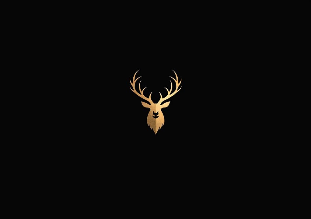  good quality, high quality, elegant deer logo with antlers formed by minimal lines, showcasing striking design in gold against dark background, perfect for branding and artistic projects