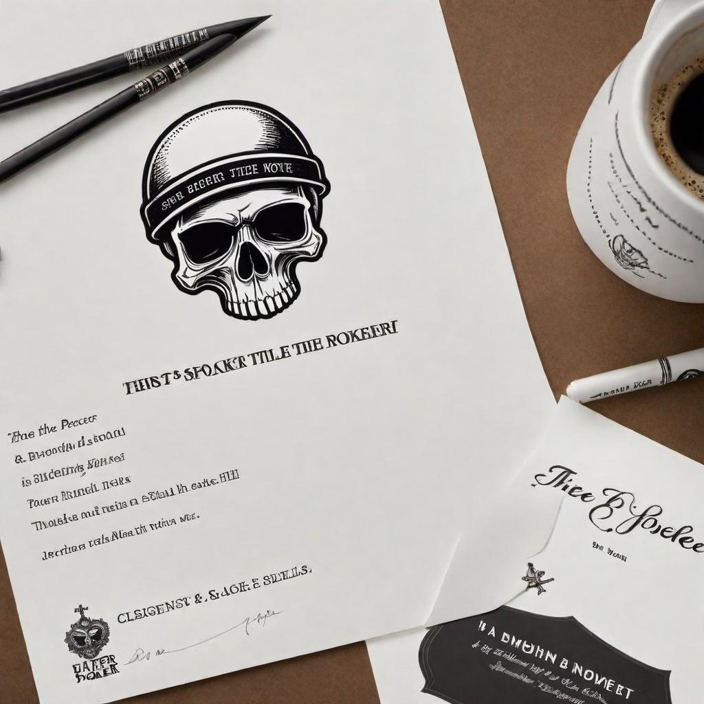  Create an image showing a piece of paper with handwritten notes. The paper should have the following details: - Title at the top reading "1ST DESIGN" - Below the title, the words "Smokin Poker" accompanied by a drawing of a logo consisting of a spade symbol, a skull wearing a beanie, and two crossed bones behind the spade. - Descriptive notes around the drawing indicating a "GLOW" with the ace of spades, a "SKULL W/BEANIE," a "BLACK BEANIE W/ 'BARELY LEGAL' ESKI," and a "CIGAR OR CIGARETTE IN HIS MOUTH." - "NORTH CAROLINA" and "BOTTOM" labeled at the bottom part of the drawing, suggesting where text would be placed. - To the left of the drawing, the words "COLORS: GREEN & BLACK" to indicate the color scheme. - Mention of a "2ND DESIGN" wit hyperrealistic, full body, detailed clothing, highly detailed, cinematic lighting, stunningly beautiful, intricate, sharp focus, f/1. 8, 85mm, (centered image composition), (professionally color graded), ((bright soft diffused light)), volumetric fog, trending on instagram, trending on tumblr, HDR 4K, 8K