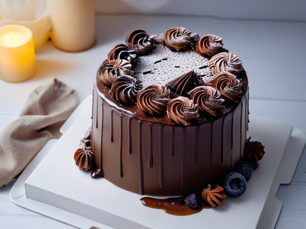  A closeup, ultradetailed image of a delicate chocolate cake being generously drizzled with a rich, glossy dark ruminfused ganache. The ganache cascades down the sides of the cake in a mesmerizing swirl, capturing the intricate texture of the cake layers and the luxurious sheen of the glaze. Each droplet of ganache reflects the light, creating a stunning visual contrast against the velvety darkness of the cake, while small beads of condensation glisten on the surface, hinting at the indulgent richness of the dessert. hyperrealistic, full body, detailed clothing, highly detailed, cinematic lighting, stunningly beautiful, intricate, sharp focus, f/1. 8, 85mm, (centered image composition), (professionally color graded), ((bright soft diffused light)), volumetric fog, trending on instagram, trending on tumblr, HDR 4K, 8K