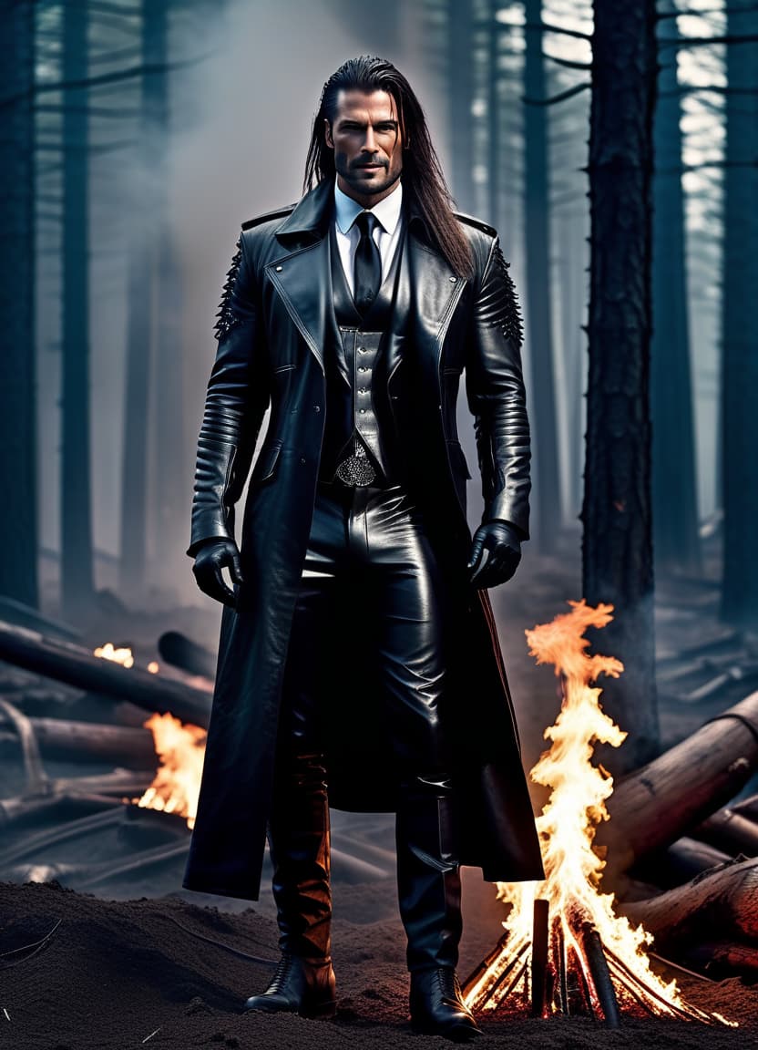  dystopian style burning forest man: intimidating smile, killer, tall, leather coat, business suit, leather gloves, long hair, makeup on the face, . bleak, post apocalyptic, somber, dramatic, highly detailed hyperrealistic, full body, detailed clothing, highly detailed, cinematic lighting, stunningly beautiful, intricate, sharp focus, f/1. 8, 85mm, (centered image composition), (professionally color graded), ((bright soft diffused light)), volumetric fog, trending on instagram, trending on tumblr, HDR 4K, 8K