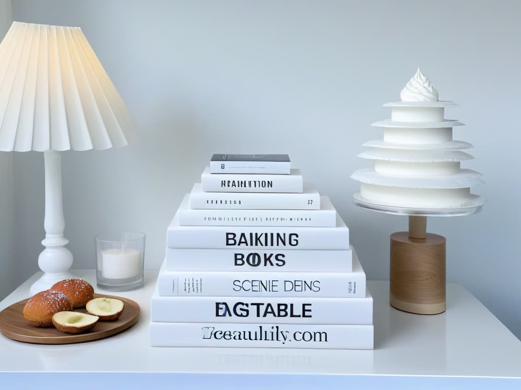  A beautifully minimalistic image of a pristine white marble countertop, adorned with a neatly arranged stack of essential baking books with elegant typography on their spines. The books vary in size and color, creating a visually pleasing composition that exudes sophistication and culinary inspiration. The soft, natural lighting enhances the subtle shadows cast by the books, adding depth and dimension to the scene. hyperrealistic, full body, detailed clothing, highly detailed, cinematic lighting, stunningly beautiful, intricate, sharp focus, f/1. 8, 85mm, (centered image composition), (professionally color graded), ((bright soft diffused light)), volumetric fog, trending on instagram, trending on tumblr, HDR 4K, 8K