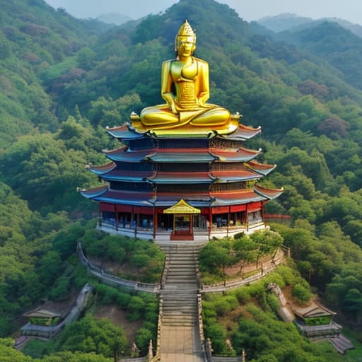  On the viewing platform at the top of the hill stands a 10-meter-high golden Maitreya Buddha statue, facing the city below. In the lush forest on the hillside, a traditional Chinese temple is hidden by the forest. The morning sky is still full of sunset, sprinkling a layer of golden light on the forest, Buddha statue and temple.