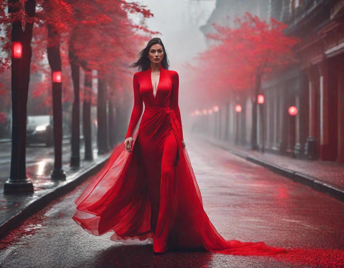 red woman, hyperrealistic, full body, detailed clothing, highly detailed, cinematic lighting, stunningly beautiful, intricate, sharp focus, f/1. 8, 85mm, (centered image composition), (professionally color graded), ((bright soft diffused light)), volumetric fog, trending on instagram, trending on tumblr, HDR 4K, 8K