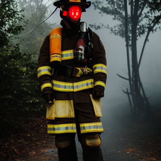  Fire fighter mask hyperrealistic, full body, detailed clothing, highly detailed, cinematic lighting, stunningly beautiful, intricate, sharp focus, f/1. 8, 85mm, (centered image composition), (professionally color graded), ((bright soft diffused light)), volumetric fog, trending on instagram, trending on tumblr, HDR 4K, 8K