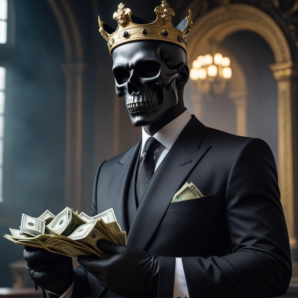  cinematic photo Men in an expensive suit and royal robes, a black skull mask on their face, with a crown on their head, counting money in their hands . 35mm photograph, film, bokeh, professional, 4k, highly detailed hyperrealistic, full body, detailed clothing, highly detailed, cinematic lighting, stunningly beautiful, intricate, sharp focus, f/1. 8, 85mm, (centered image composition), (professionally color graded), ((bright soft diffused light)), volumetric fog, trending on instagram, trending on tumblr, HDR 4K, 8K