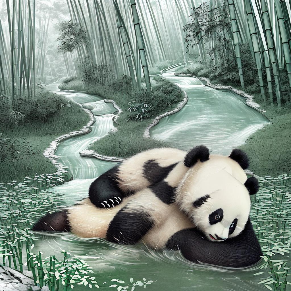  (masterpiece), high detailed, no humans, ((panda)), (solo), black and white, Valley, Bamboo Forest, Stream Water, Grassland, Dusk